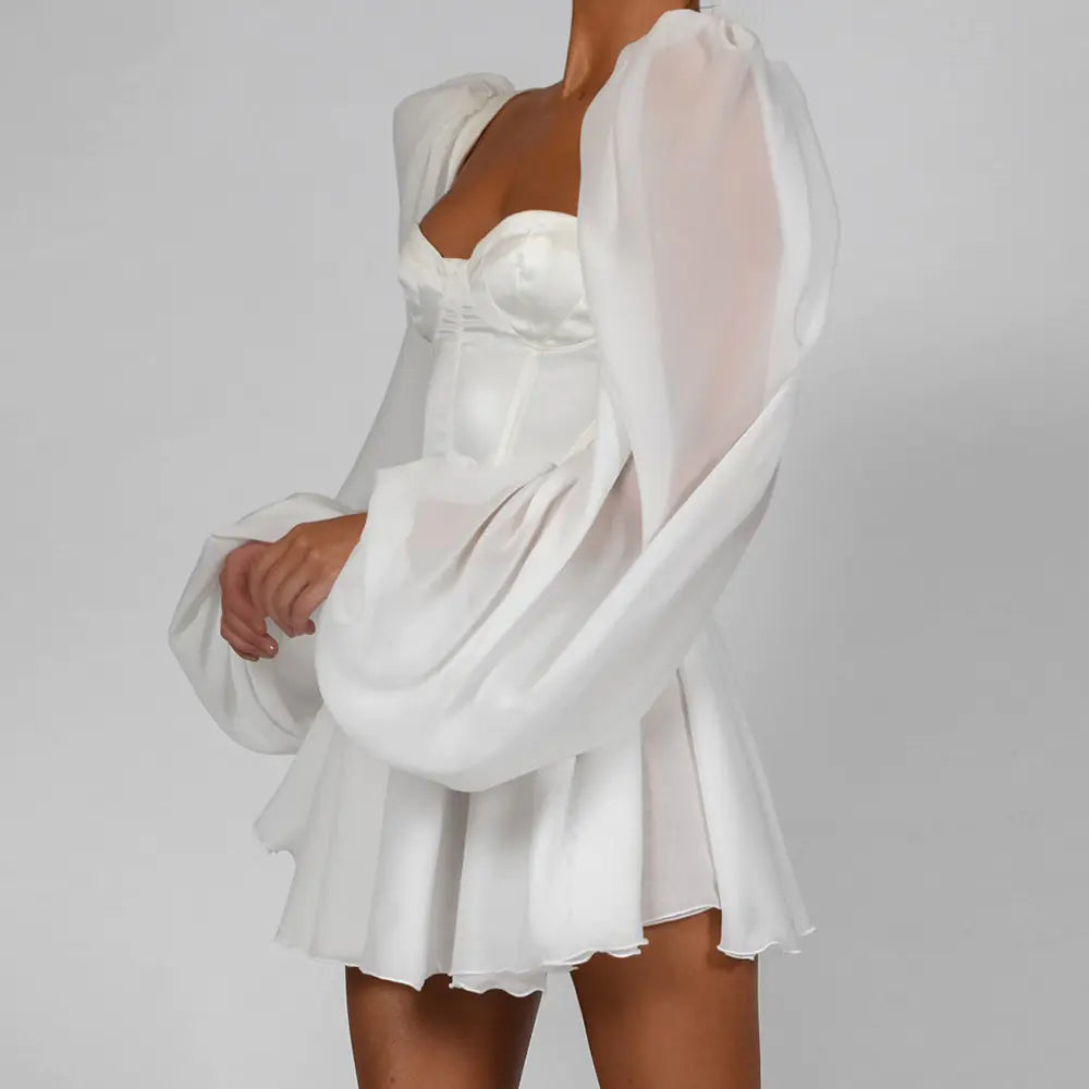 Holafashion Chiffon Dress, Bodycon Dress, Lantern Sleeve Dress, White Dress